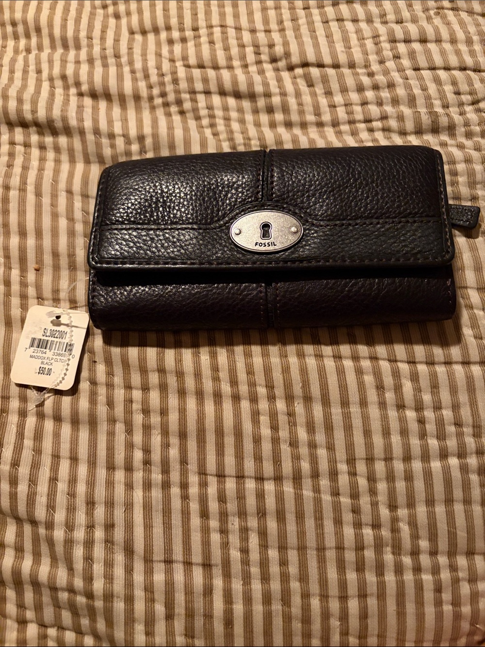 Fossil Black Pebbled Leather Wallet with Metal Logo Plate